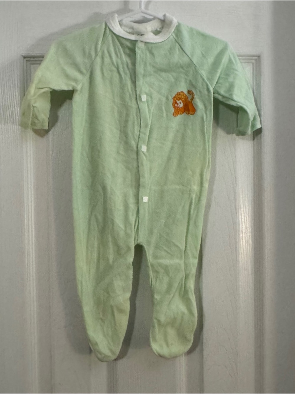 Vintage Baby Unisex Mint Green Footie One Piece with Lion Patch Long Sleeve
